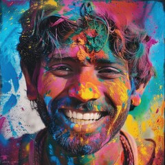 Man with colorful Holi festival powders on face - Close-up portrait of a happy man covered in vibrant Holi powders, smiling broadly against a colorful backdrop