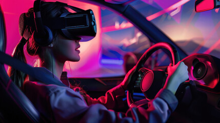 Woman in a car with VR headset, creating a dynamic driving simulation enhanced by vibrant neon lighting