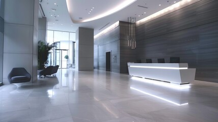 Modern lobby interior with minimalist design - Sophisticated and sleek office lobby with modern furnishings, clean lines, and a polished aesthetic