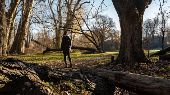 person observing fallen trees in a park generative ai