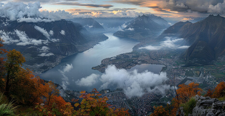 Obraz premium a view of a large body of water from a high point of view of mountains and clouds in the sky.