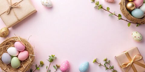 Naklejka na ściany i meble Easter background with spring greenery, gifts and easter eggs on pastel pink with space for message, greeting card, festive, holiday