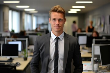 Fototapeta premium A professional man in a suit and tie standing in an office