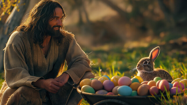 Jesus with an colorful Easter basket and Easter Bunny. Christian holiday Concept. Movie frame simulation.