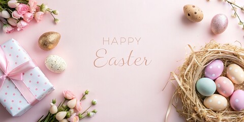 Beautiful Easter background with spring flowers, gifts and colorful easter eggs on pastel pink, greeting card, festive, holiday