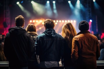 Group of people standing in front of a stage, suitable for event promotions