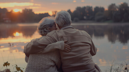 Two seniors are embracing by a lake at sunset.