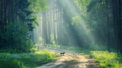 a dog standing on a dirt road in the middle of a forest with sunbeams shining through the trees.