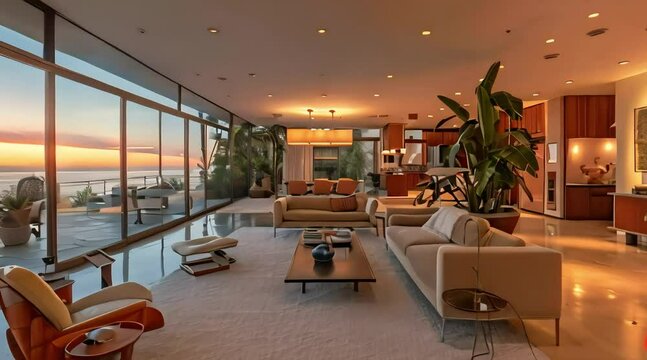 An authentic mid-century modern oceanfront retreat, bathed in warm daylight and soft, indirect lighting, showcasing sleek lines and open spaces. Embrace the elegance and functionality synonymous with 