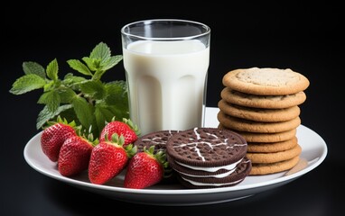 A plate with a variety of cookies, fresh strawberries, and a glass of milk