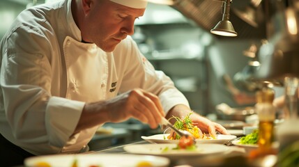 A chef carefully prepares a dish in a restaurant kitchen.