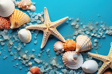 Fototapeta na wymiar Shells and starfish on a blue surface, perfect for beach-themed designs
