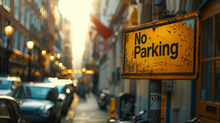 No parking sign on a busy street. - obrazy, fototapety, plakaty