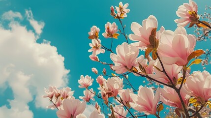 a tree filled with lots of pink flowers on top of a blue sky with white clouds in the back ground.