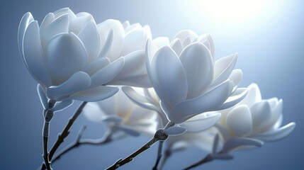 a bunch of white flowers sitting on top of a blue background with the sun shining in the sky behind them.