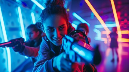 Young woman playing laser tag in an arena with blue and red neon lights.