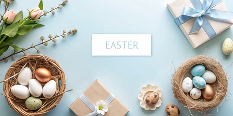Easter background with spring flowers and easter eggs on pastel blue, greeting card, festive, holiday - obrazy, fototapety, plakaty