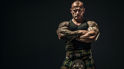 A muscular man in a kilt is standing with his arms crossed. He has tattoos on his arms and a determined look on his face. - obrazy, fototapety, plakaty