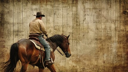A cowboy rides his horse through a wooden fence. The cowboy is wearing a hat and jeans, and the horse is wearing a saddle and bridle.