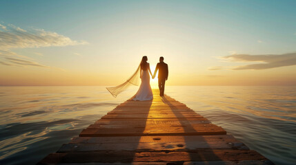 A couple holds hands on a wooden pier against a captivating sunset over the sea.