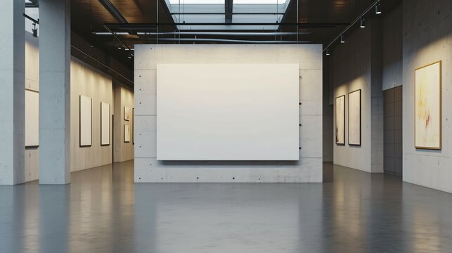 A large, empty art gallery with a blank canvas on the wall. The gallery is lit by spotlights, and there are paintings on the walls.