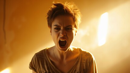 A young woman with short hair is screaming. She is standing in a dark room with a bright light shining on her.