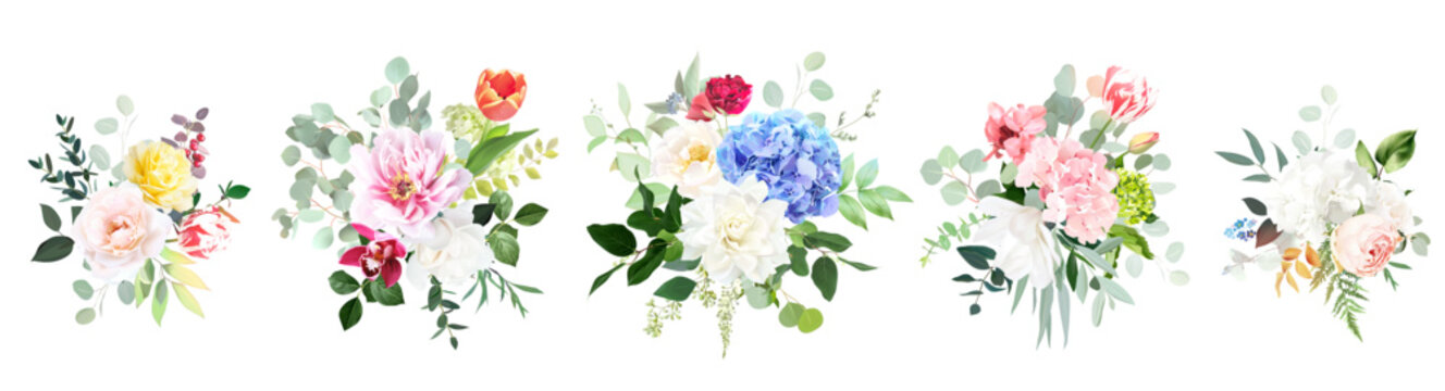 Bright hydrangea flowers, roses, tulips, peony, orchid, magnolia greenery and eucalyptus wedding vector bouquets set. Floral pastel watercolor. Blooming garden. Elements are isolated and editable