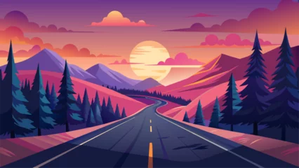 Poster Sunset highway landscape among hills with trees in pink sky, mountains silhouettes vector nature horizontal background. © graphicfest_x