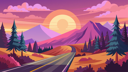 Sunset highway landscape among hills with trees in pink sky, mountains silhouettes vector nature horizontal background.