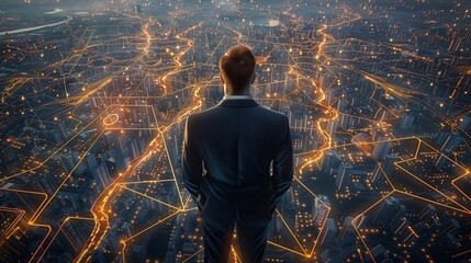 A solitary business man, depicted in an elegant suit, observes the panoramic view of a network city from a high vantage point.