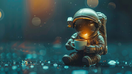 Astronaut holding a cup with bokeh lights