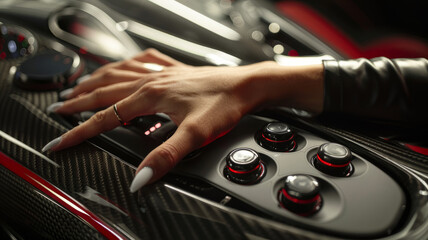 Woman's hand on car controls.