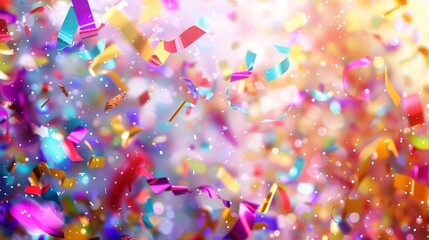 A vibrant explosion of joy: a close-up view of multi-colored confetti caught in a moment of suspension, creating a mesmerizing tapestry of colors against a soft, blurred background.