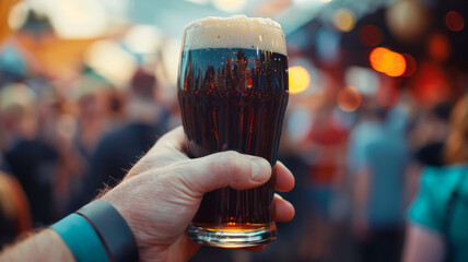 A hand holding a dark beer glass. - obrazy, fototapety, plakaty