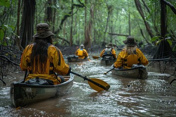 Group of people paddling canoes through water - obrazy, fototapety, plakaty