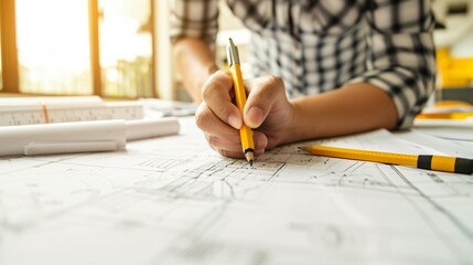 An architect is working on a new project. He is using a pencil and a ruler to draw the plans. He is very focused on his work. - obrazy, fototapety, plakaty