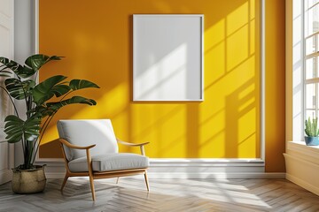 Modern room interior in yellow colors with a cozy fabric grey armchair with a mockup picture on a yellow wall near a large window