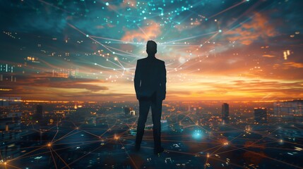 A visionary business man stands at the forefront of a futuristic network city, his silhouette sharply outlined against the sprawling digital landscape beneath the twilight sky.