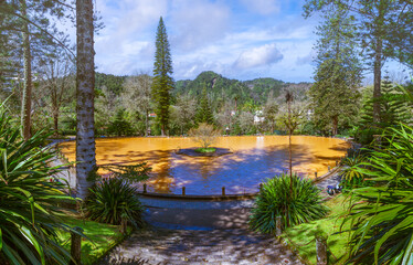 Immerse in the unique iron-rich waters of Parque Terra Nostra, Sao Miguel, a haven of thermal springs amidst the verdant Azorean gardens. - 765161846