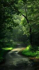 Tranquil Summer Drive: Winding Through a Lush Green Forest