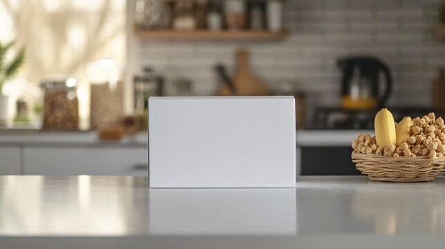 White box on the kitchen counter. There is a basket of lemons and nuts next to it. The background is blurred.