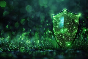 Abstract ecological cyber safety illustration with shield and grass in neon green colors