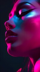 Stylish Makeup Transforms Woman into a Glowing Neon Silhouette in Studio