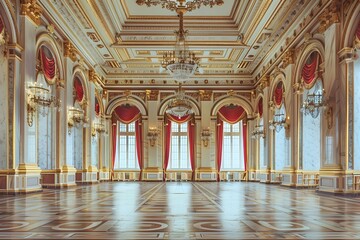 Vacant Majesty: An Empty Royal Palace Hall Radiating Elegance and Grandeur - obrazy, fototapety, plakaty