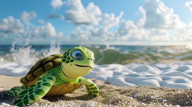 Baby 3D Turtle Cartoon Character on a Beach: A Cute Design for Kids' Learning