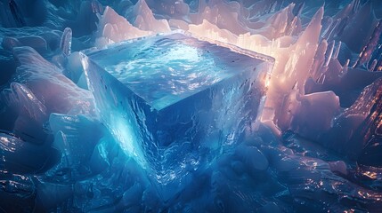 Frozen Cuboid in a Crystalline Ice Cave Glowing with Polar Light