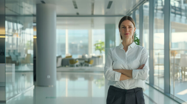 HR professional in a modern corporate office surrounded by glass walls and minimalist furniture.
