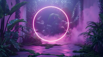 Fototapeta premium Enchanting Circular Neon Light Surrounded by Dense Greenery in Soft Evening Glow