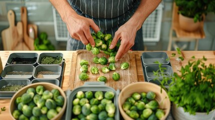 Hands preparing Brussels sprouts in a sustainable kitchen, with bamboo cutting boards and reusable...