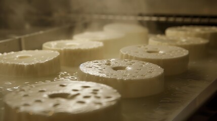 drained cheese, curd placed on perforated bases generative ai
